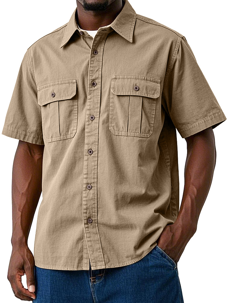 Men's Casual Workwear Double Pocket Solid Color Short-sleeved Shirt
