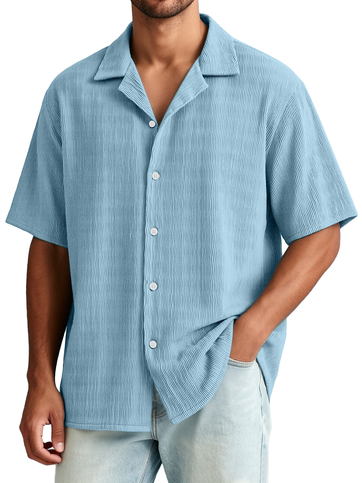 Men's Casual Vacation Breathable And Comfortable Vertical Striped Short-sleeved Shirt