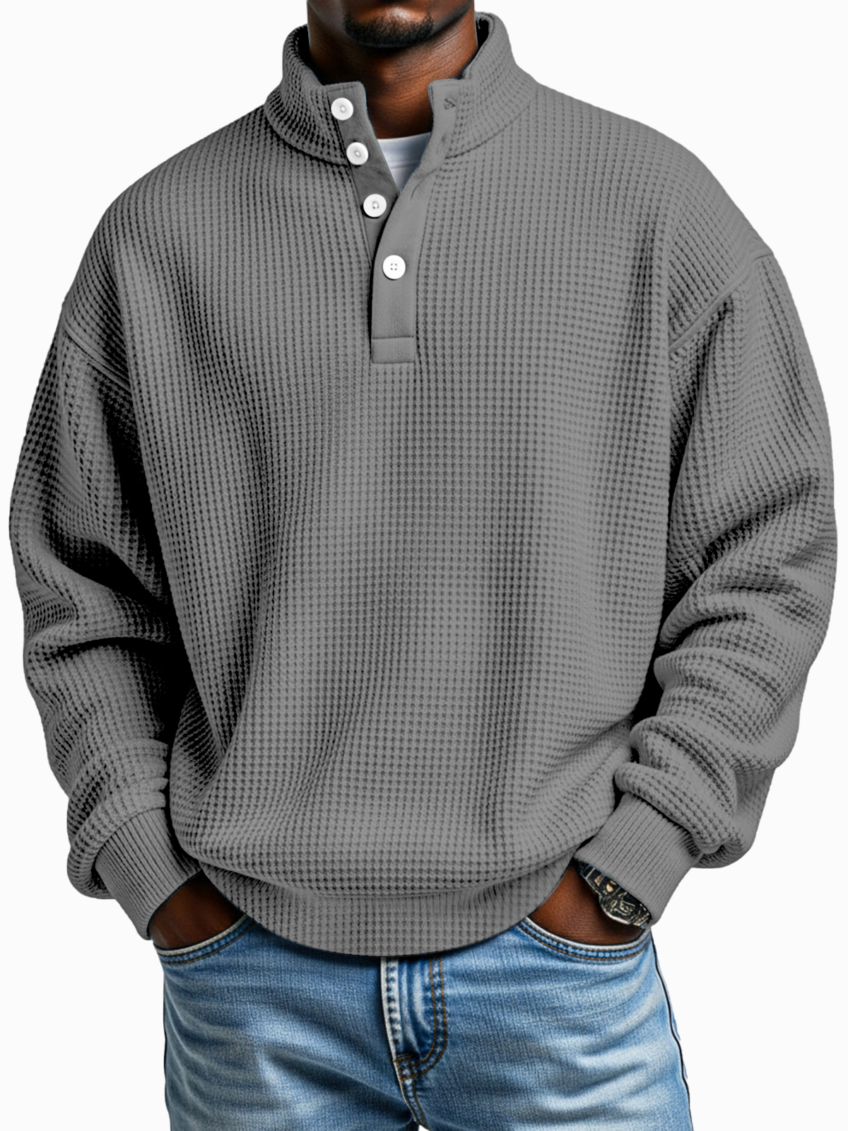 Daily simple casual solid color waffle texture four-button stand collar long sleeve sweatshirt