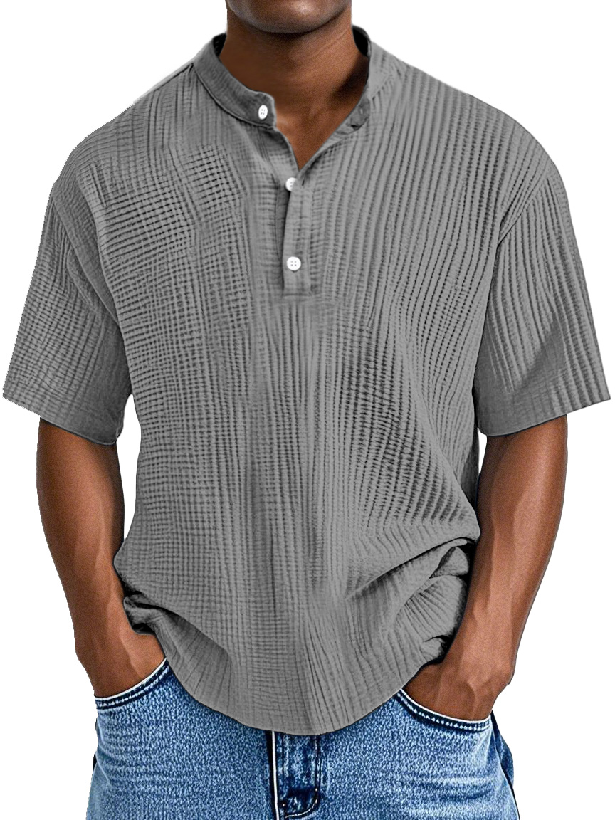 Men's Casual Solid Color Pleated Textured Short-sleeved Henley Shirt