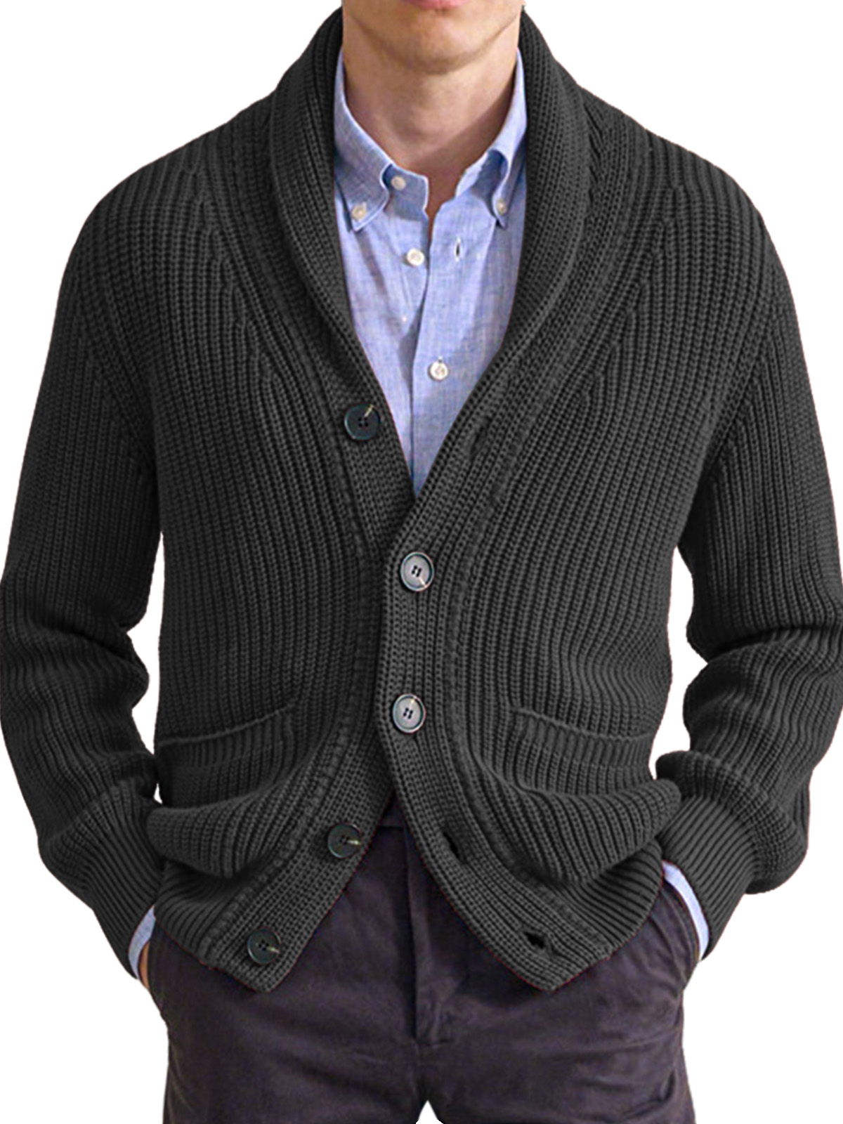 Autumn And Winter Men's Sweater Solid Color Lapel High Collar Long Sleeve Knitted Cardigan Jacket