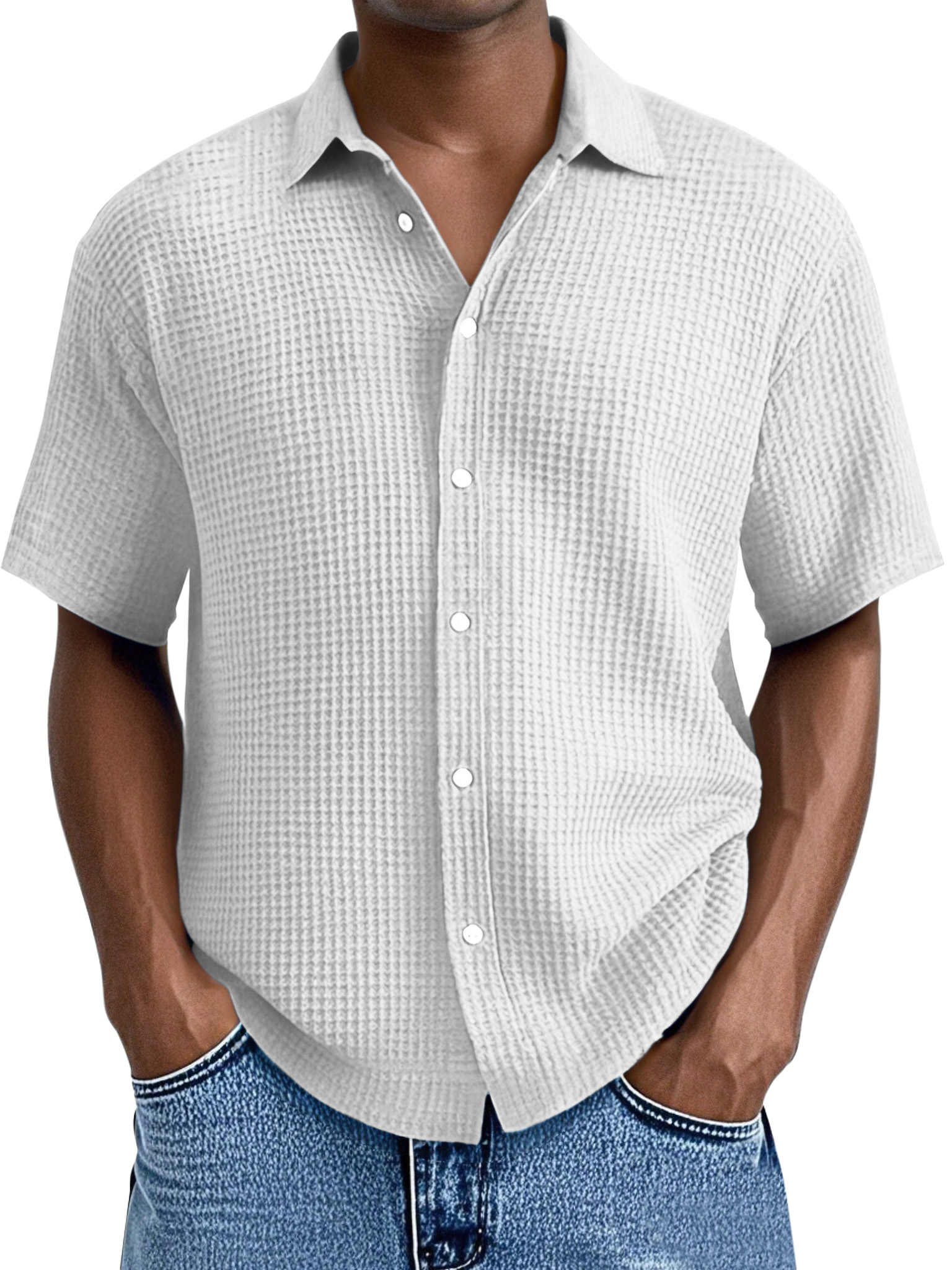 Men's Everyday Loose Waffle Textured Lapel Button-down Short Sleeve Shirt
