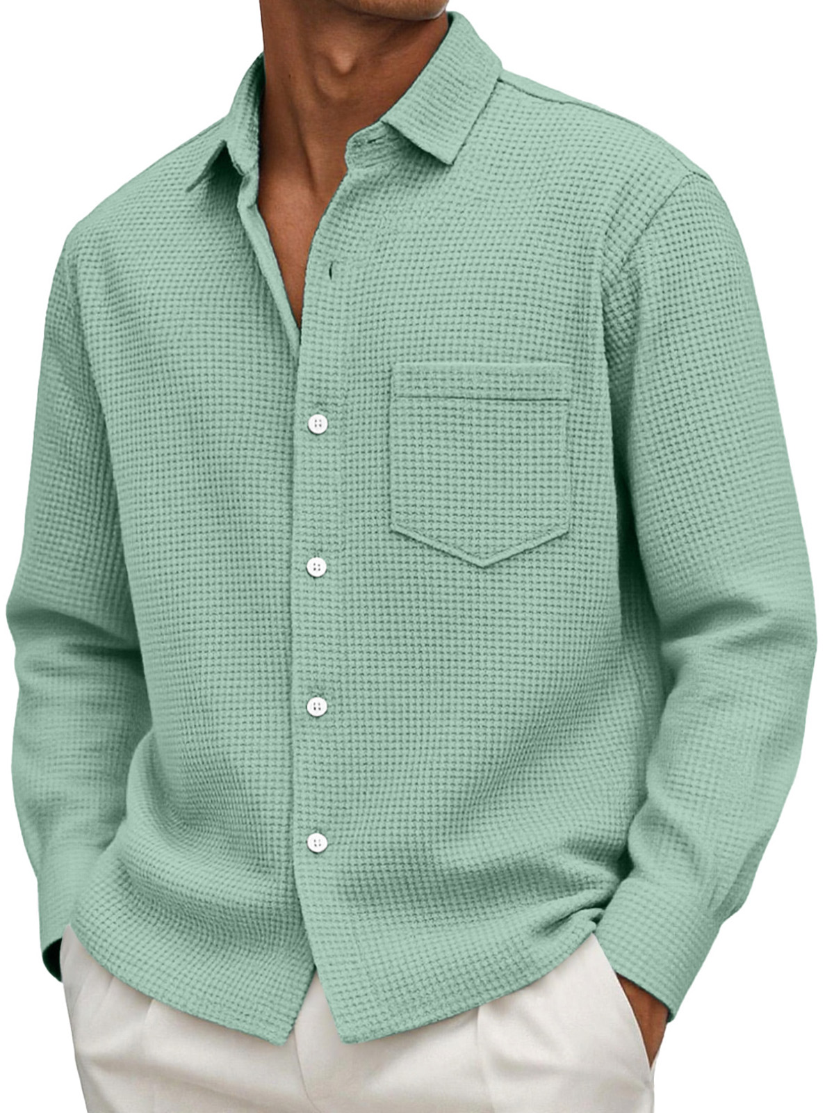 Men's Casual Solid Color Waffle Long Sleeve Shirt With Pockets