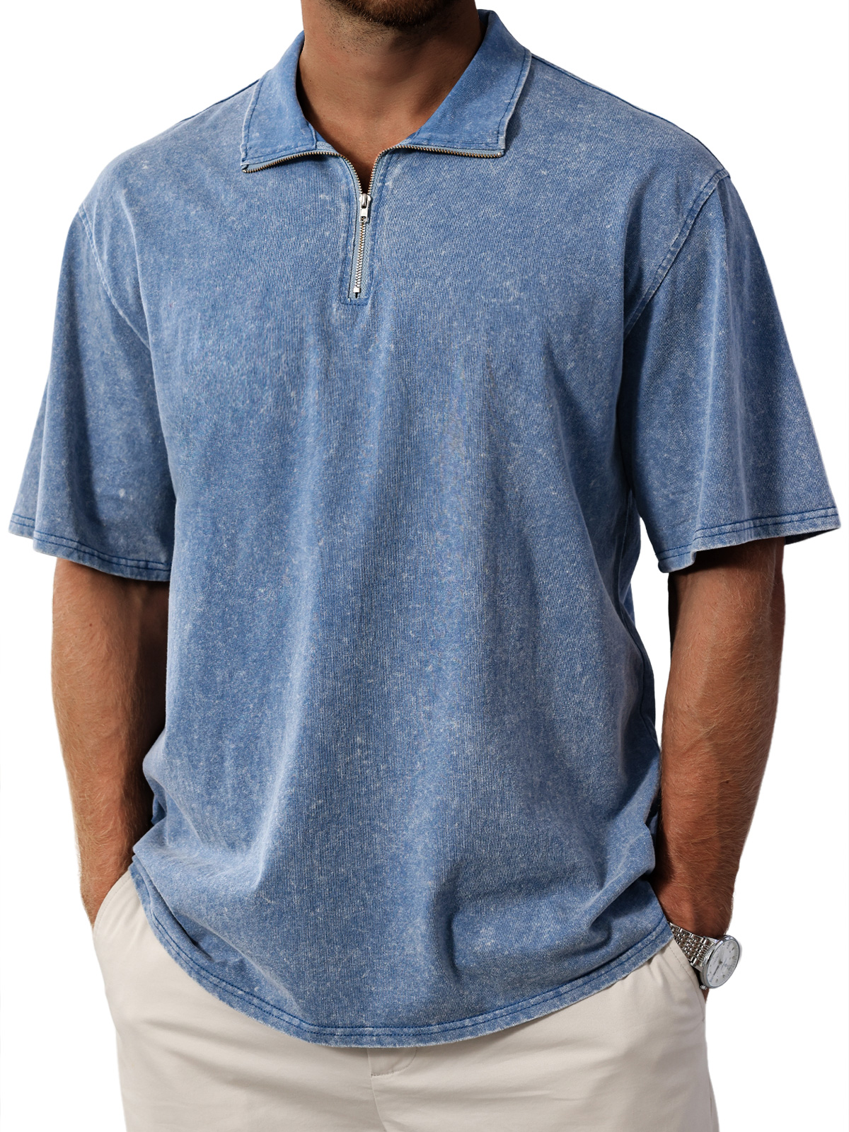 Men's Retro  Stand Collar Zipper Solid Color Short Sleeve T-Shirt