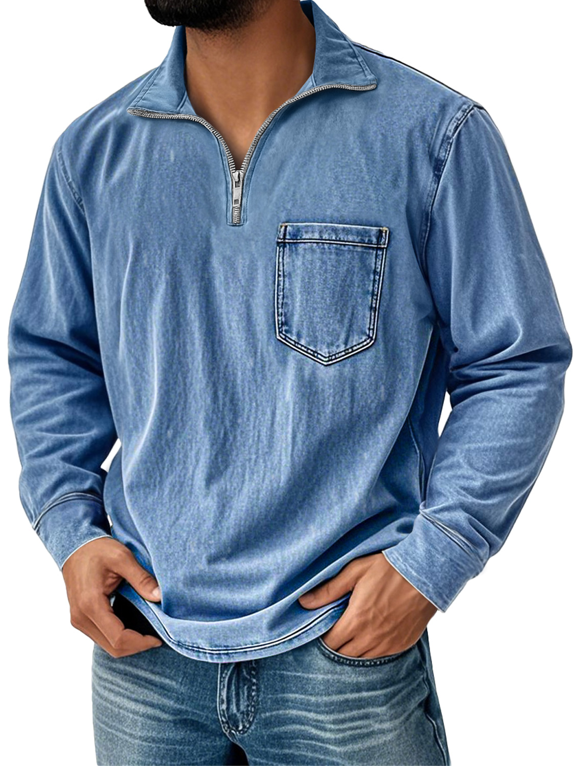 Men'sVintage Distressed Stand-up Collar Zipper Casual Solid Color Long-sleeved T-shirt