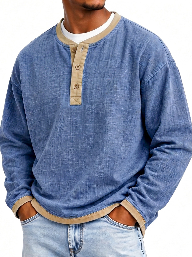 Men's Fashionable Patchwork Linen Fabric Long-sleeved Henley Shirt