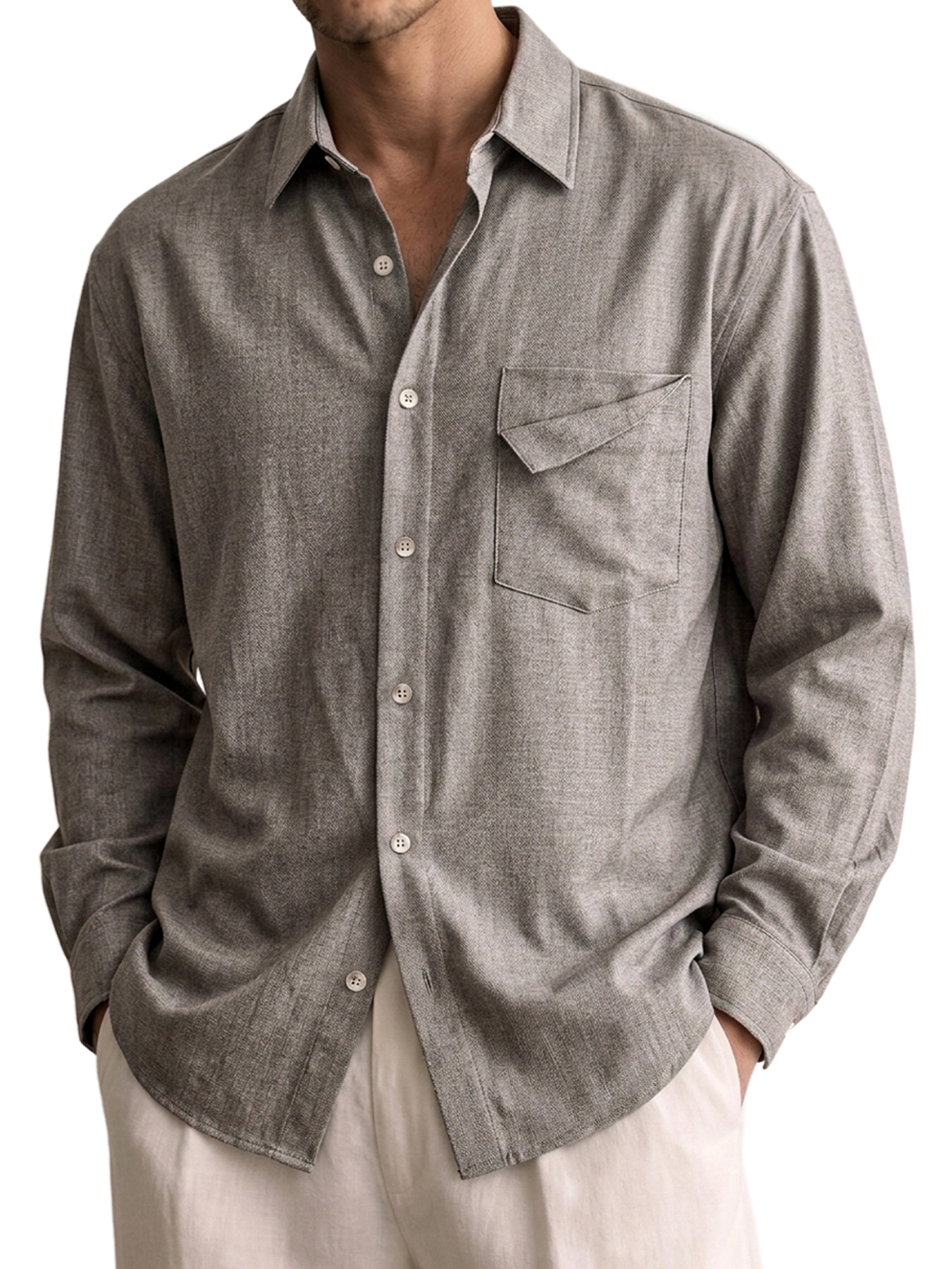 Men's Comfortable Long-Sleeve Cotton-Linen Shirt with Pocket Design