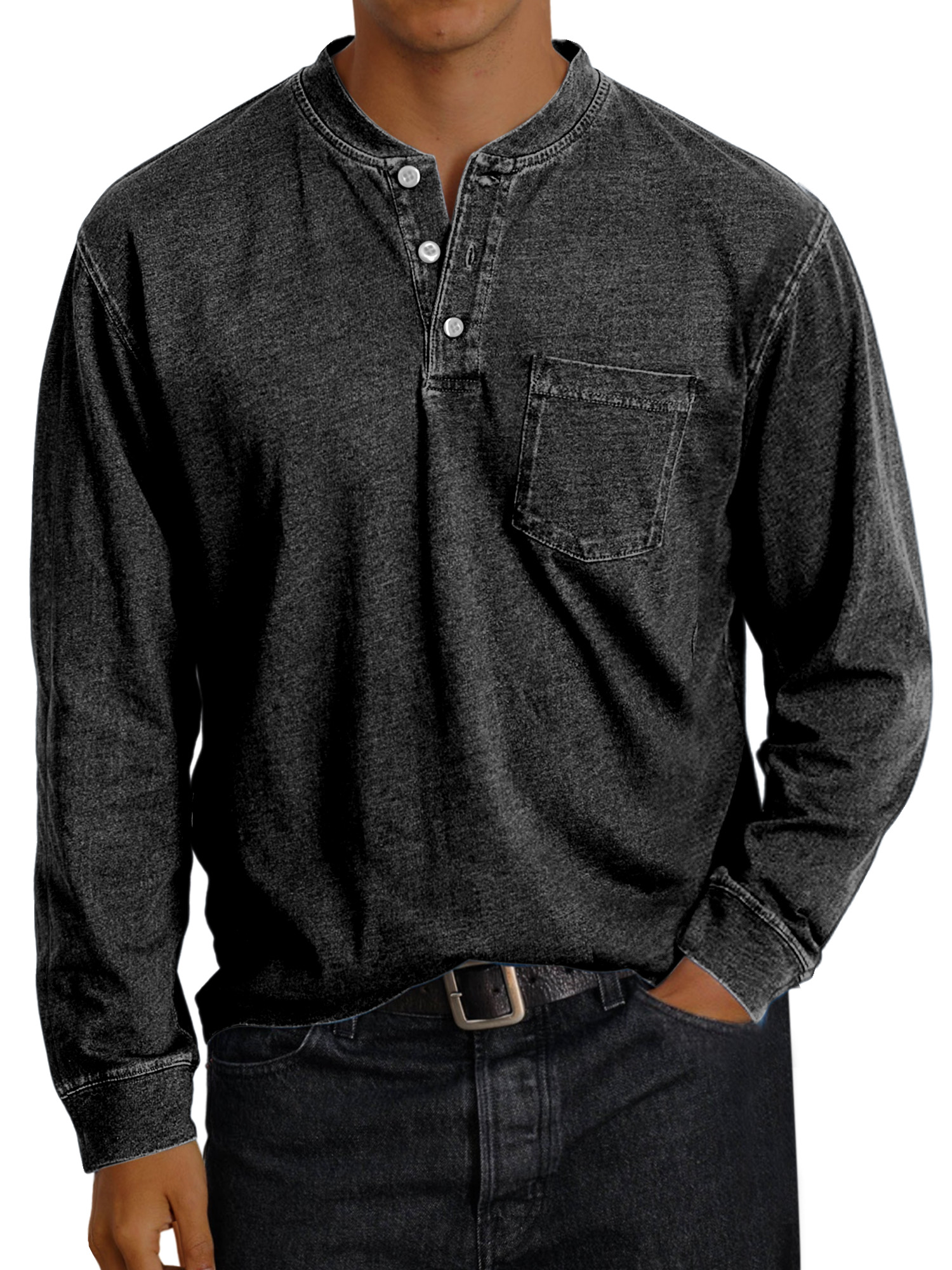 Men's Vintage Solid Color Pocket Button Henley Shirt