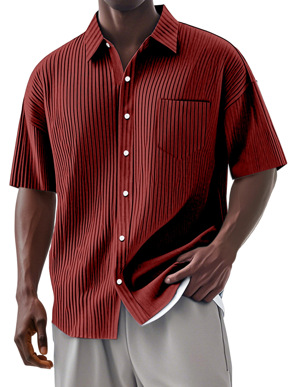 Men's Daily Casual And Comfortable Vertical Striped Solid Color Lapel Short-sleeved Shirt