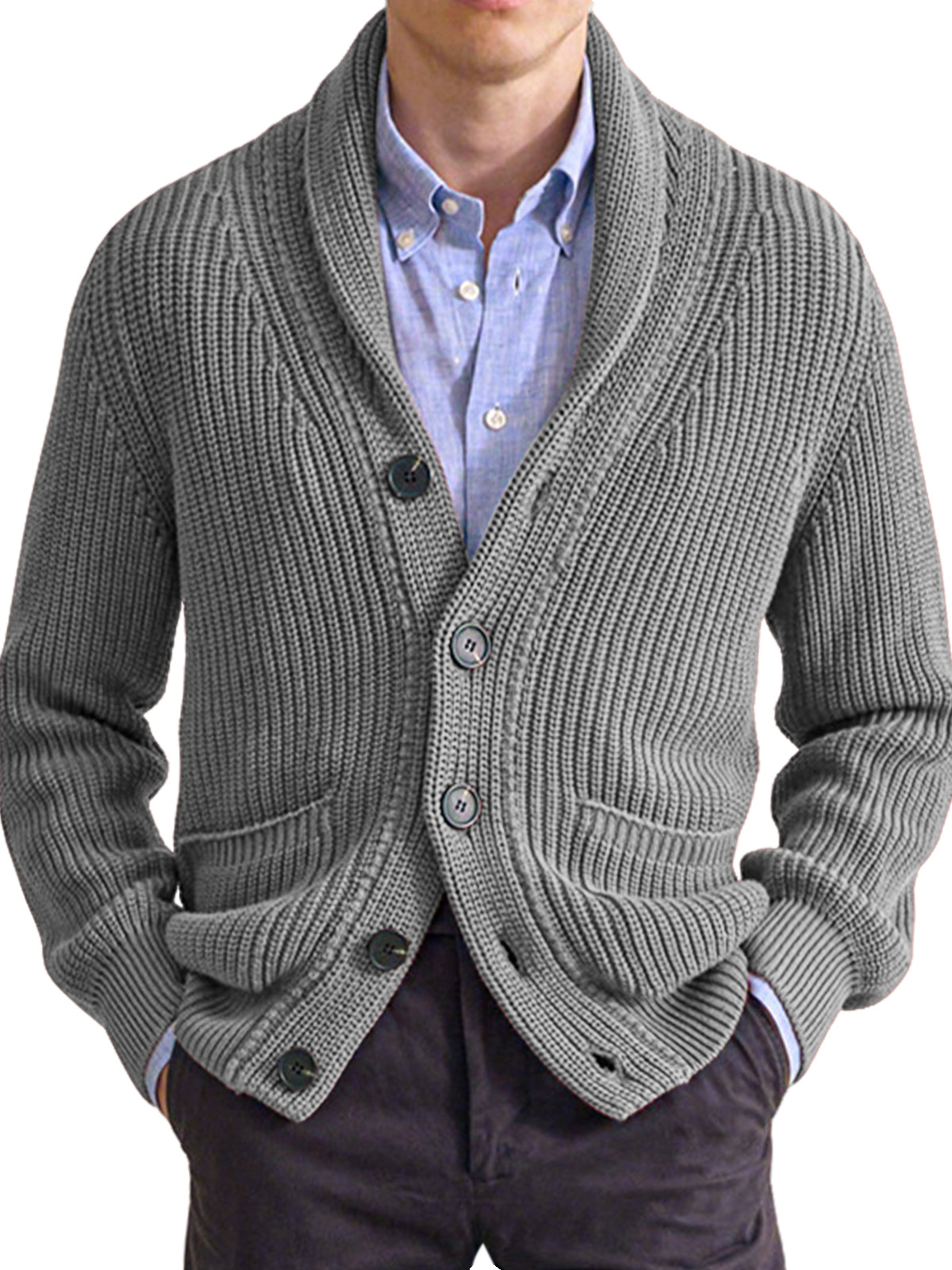 Autumn And Winter Men's Sweater Solid Color Lapel High Collar Long Sleeve Knitted Cardigan Jacket