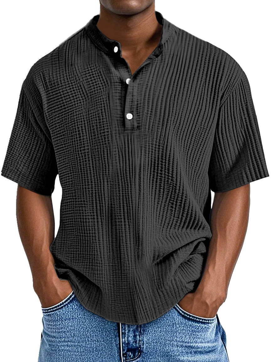 Men's Casual Solid Color Pleated Textured Short-sleeved Henley Shirt