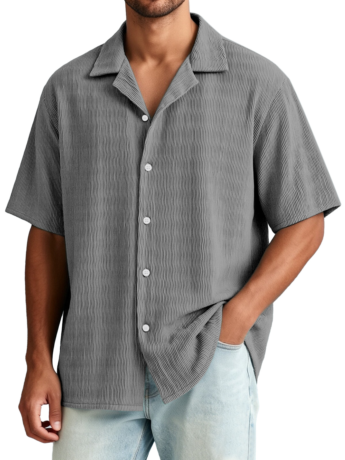 Men's Casual Vacation Breathable And Comfortable Vertical Striped Short-sleeved Shirt