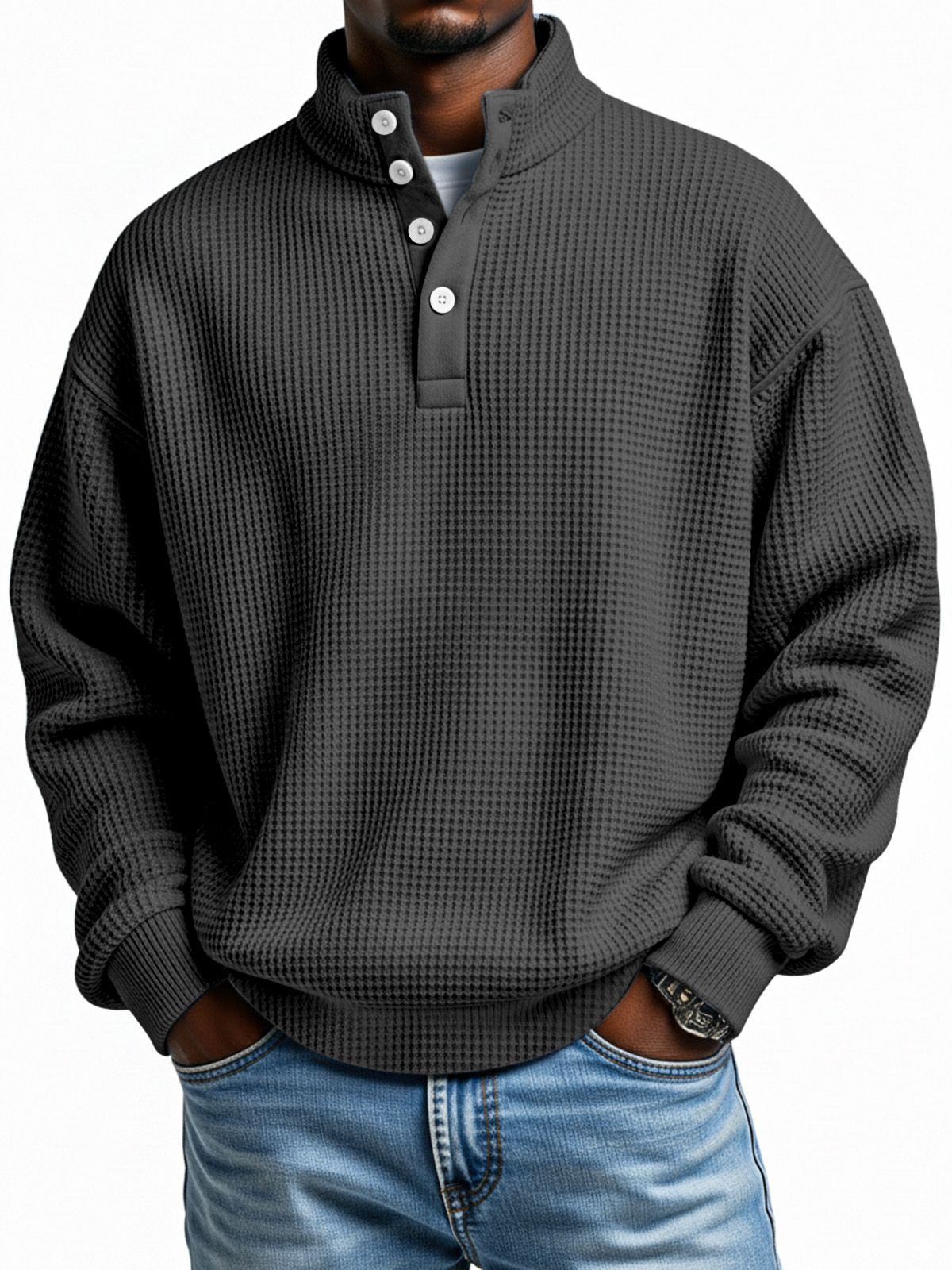 Daily simple casual solid color waffle texture four-button stand collar long sleeve sweatshirt