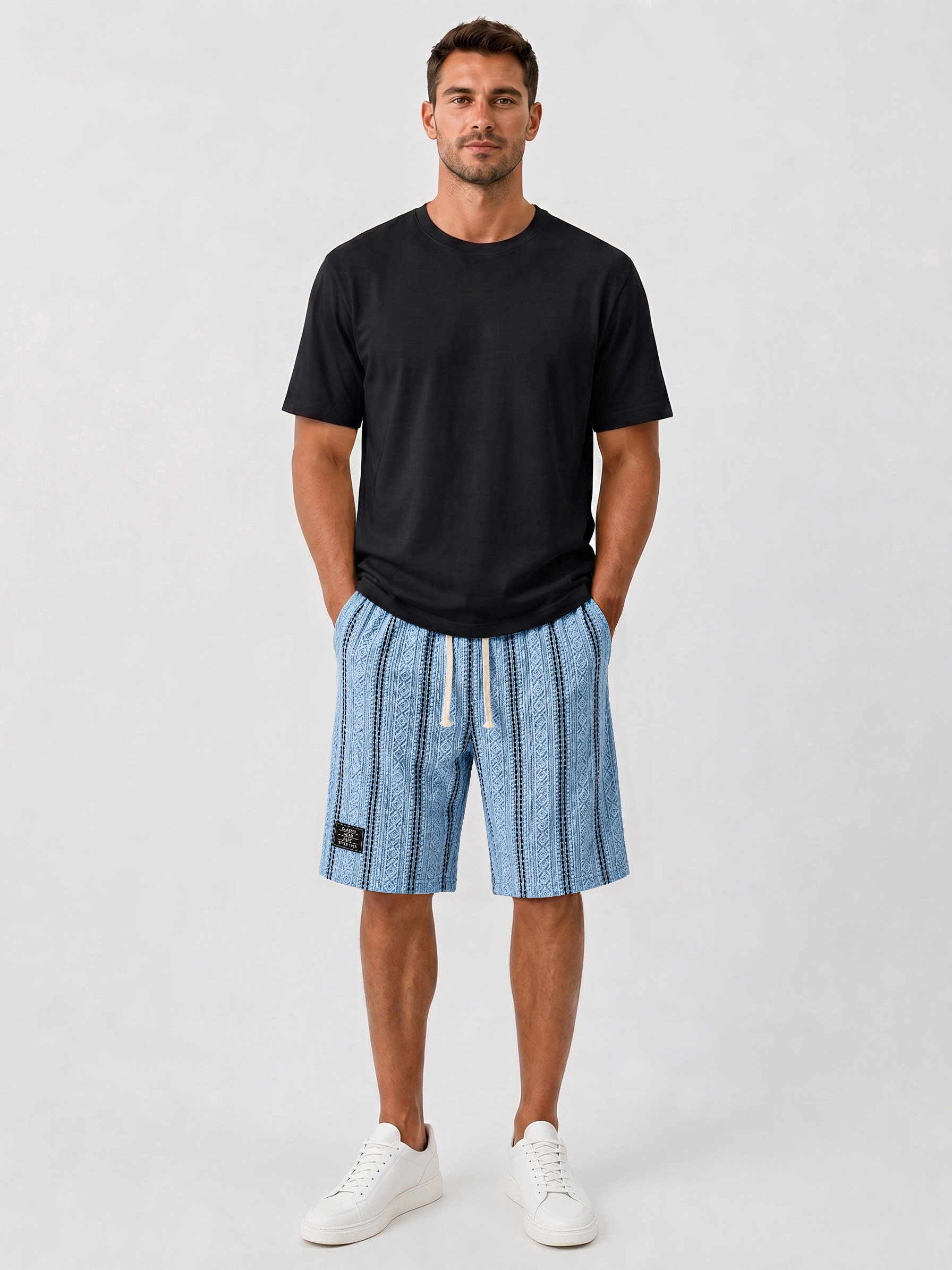 Men's Color-Blocked Textured Embroidered Logo Casual Loose Shorts