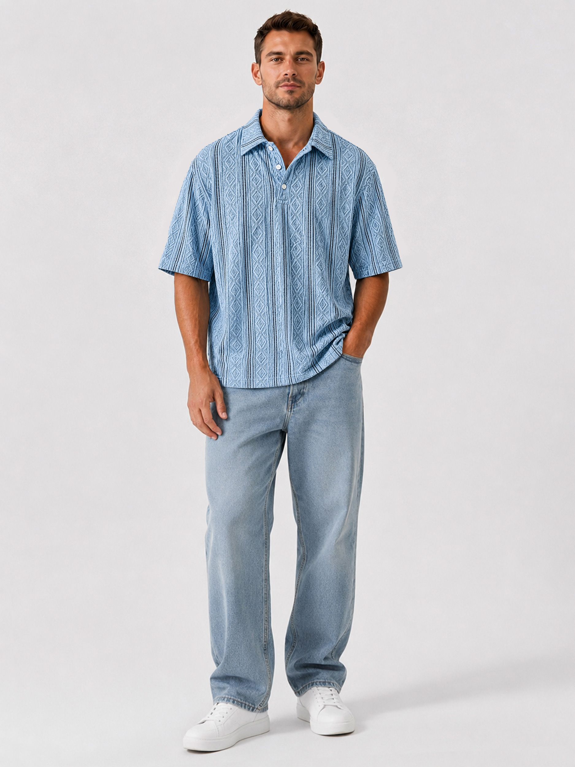 Men's Jacquard Textured Collar Button Casual Short-sleeved Polo Shirt