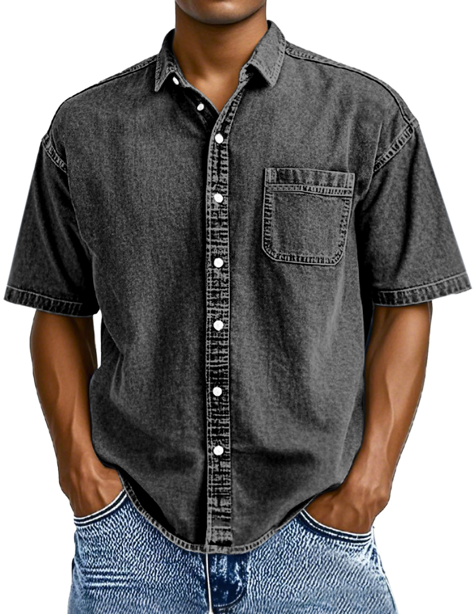 Men's Retro Solid Color Simple Lapel Button-down Short-sleeved Shirt