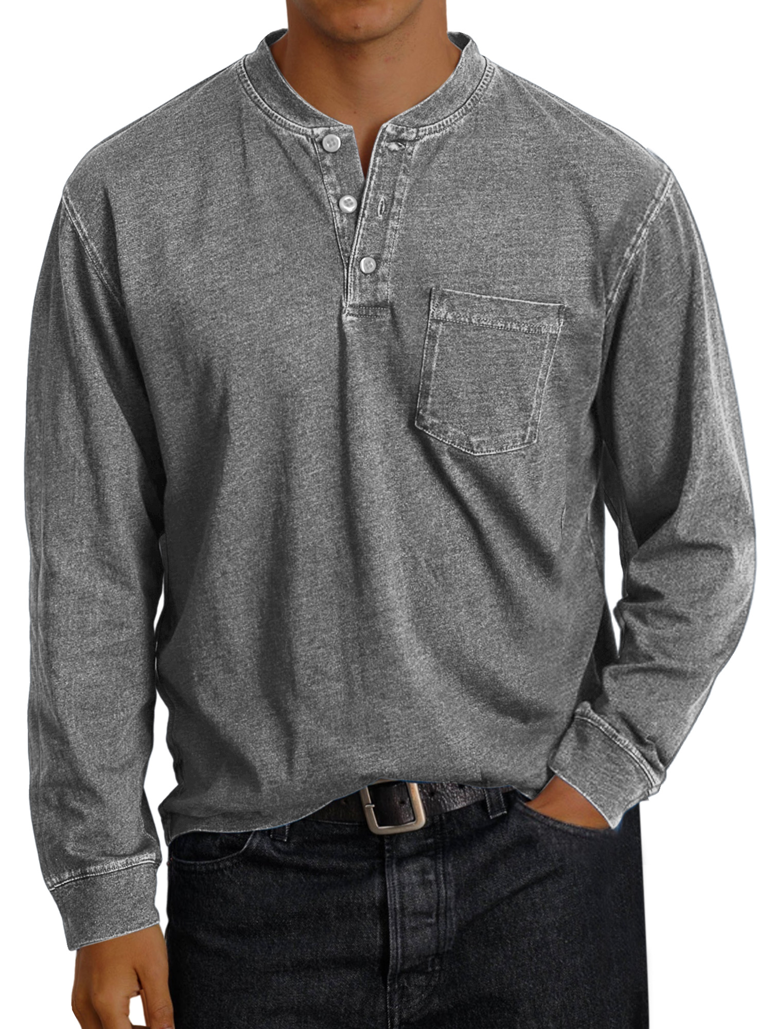 Men's Vintage Solid Color Pocket Button Henley Shirt