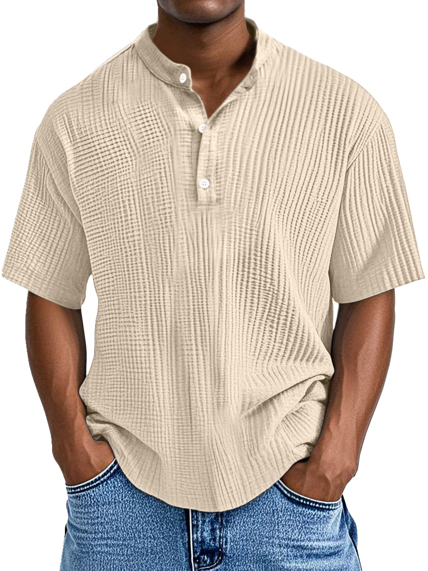 Men's Casual Solid Color Pleated Textured Short-sleeved Henley Shirt
