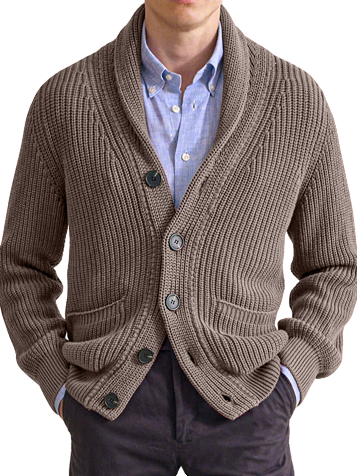 Autumn And Winter Men's Sweater Solid Color Lapel High Collar Long Sleeve Knitted Cardigan Jacket