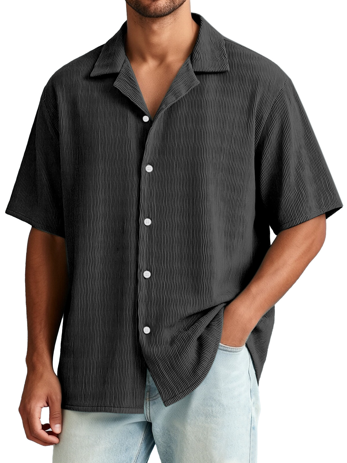 Men's Casual Vacation Breathable And Comfortable Vertical Striped Short-sleeved Shirt