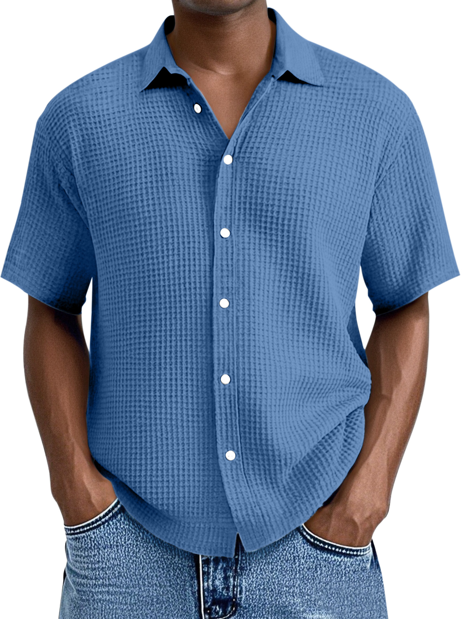 Men's Everyday Loose Waffle Textured Lapel Button-down Short Sleeve Shirt