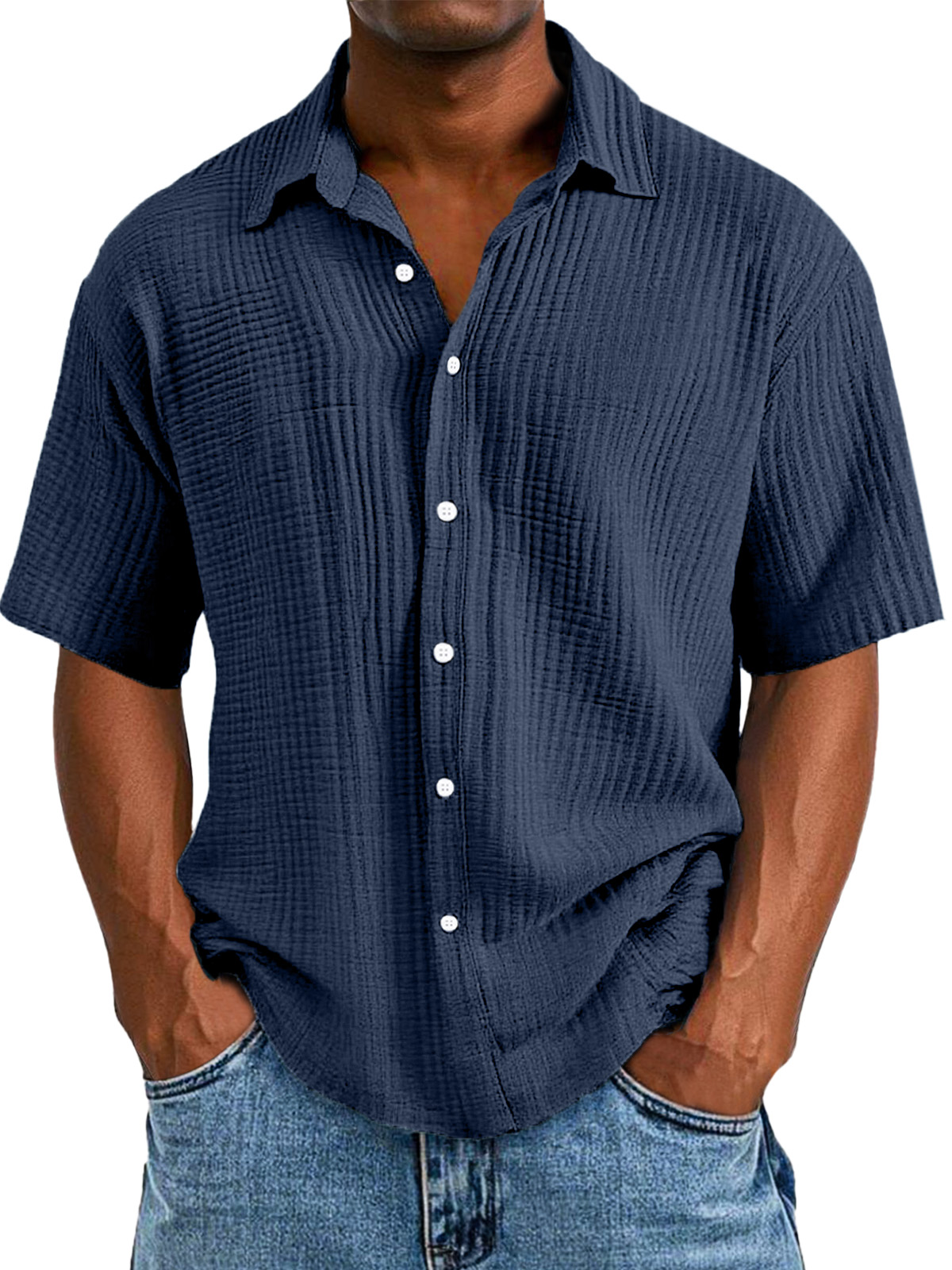 Men's Casual Loose And Comfortable Textured Short-sleeved Shirt