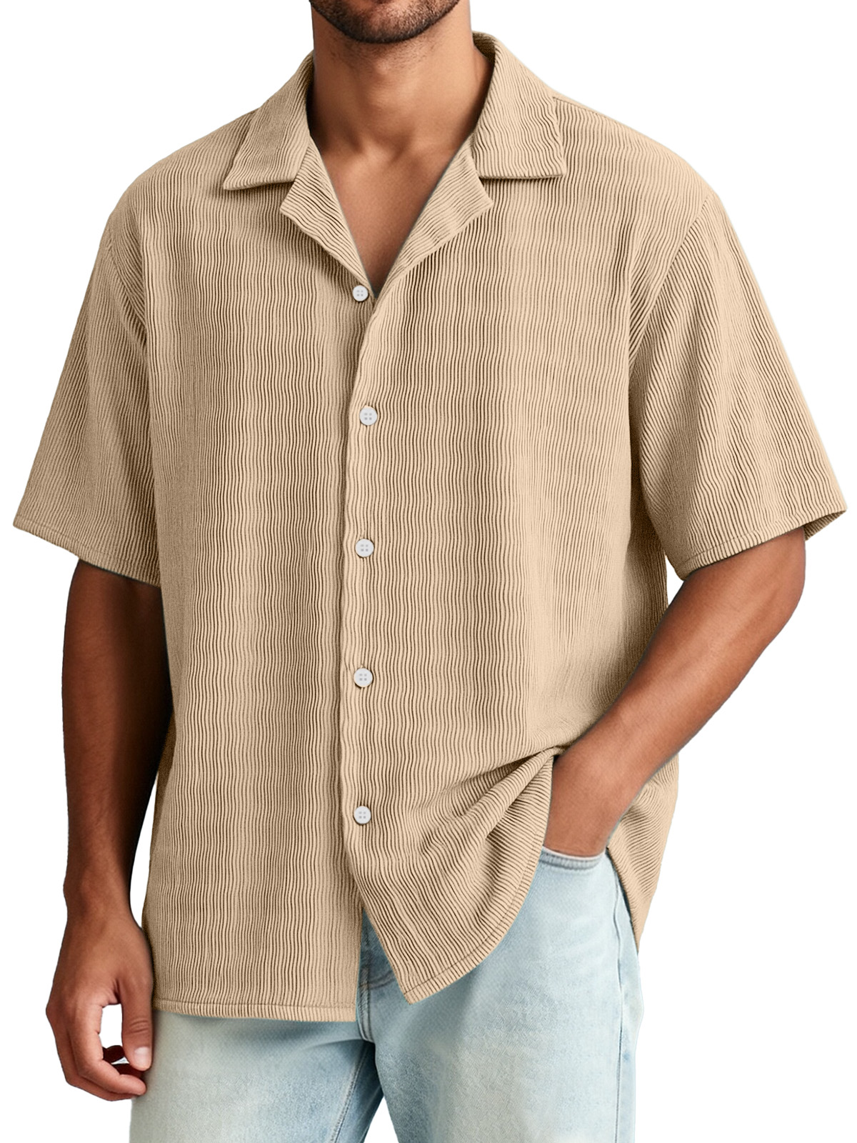 Men's Casual Vacation Breathable And Comfortable Vertical Striped Short-sleeved Shirt