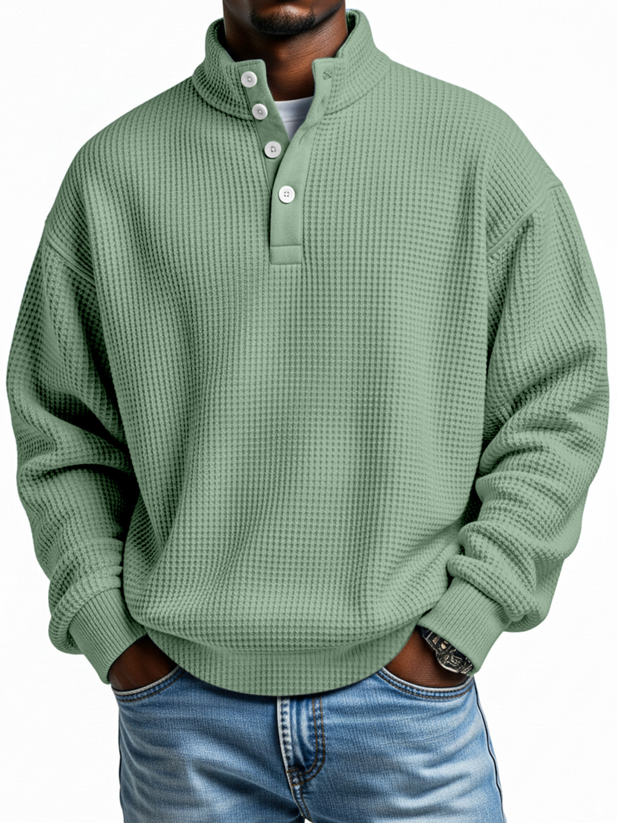 Daily simple casual solid color waffle texture four-button stand collar long sleeve sweatshirt