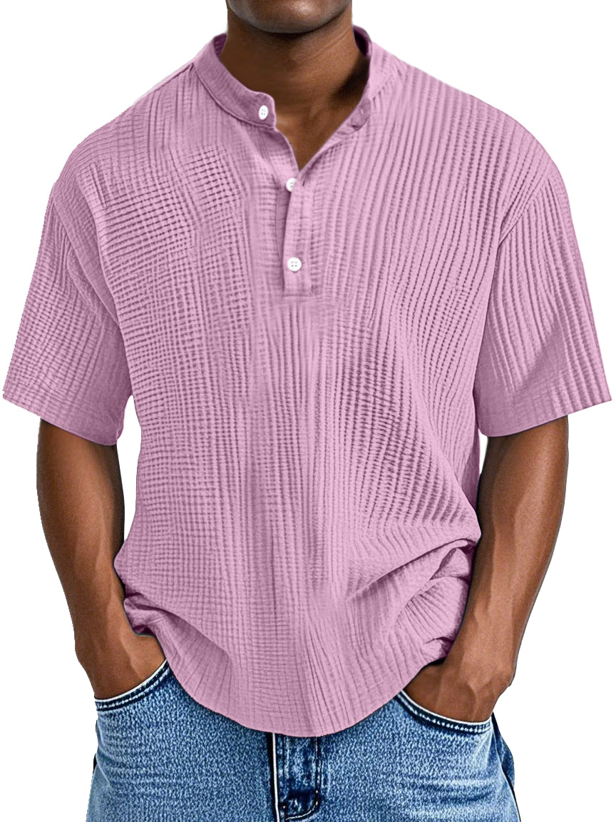 Men's Casual Solid Color Pleated Textured Short-sleeved Henley Shirt