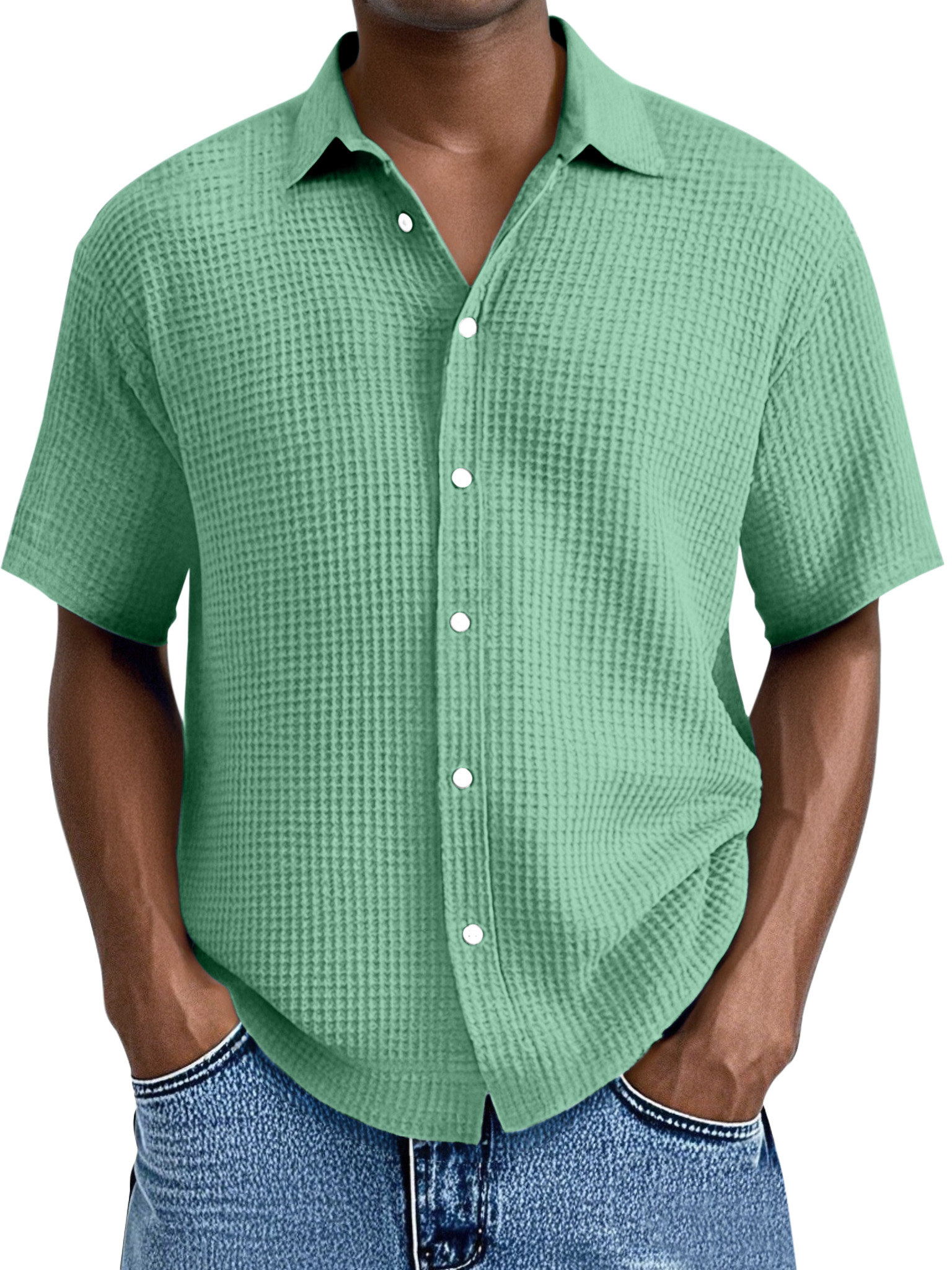 Men's Everyday Loose Waffle Textured Lapel Button-down Short Sleeve Shirt