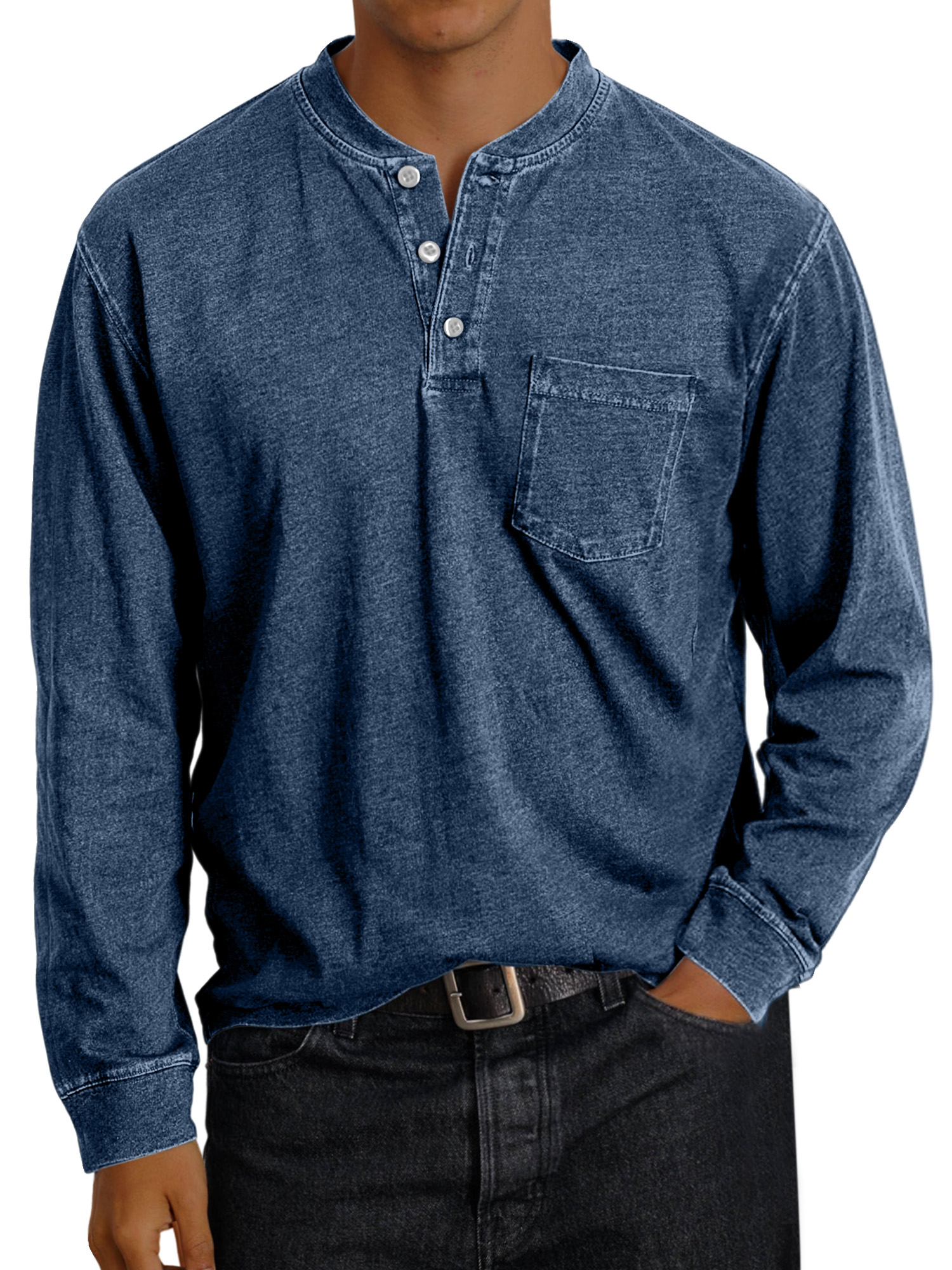 Men's Vintage Solid Color Pocket Button Henley Shirt