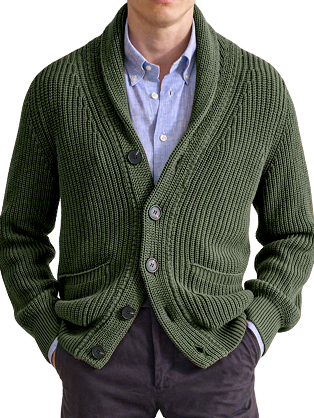 Autumn And Winter Men's Sweater Solid Color Lapel High Collar Long Sleeve Knitted Cardigan Jacket