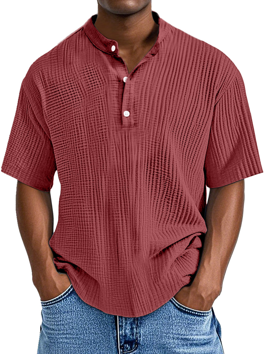 Men's Casual Solid Color Pleated Textured Short-sleeved Henley Shirt