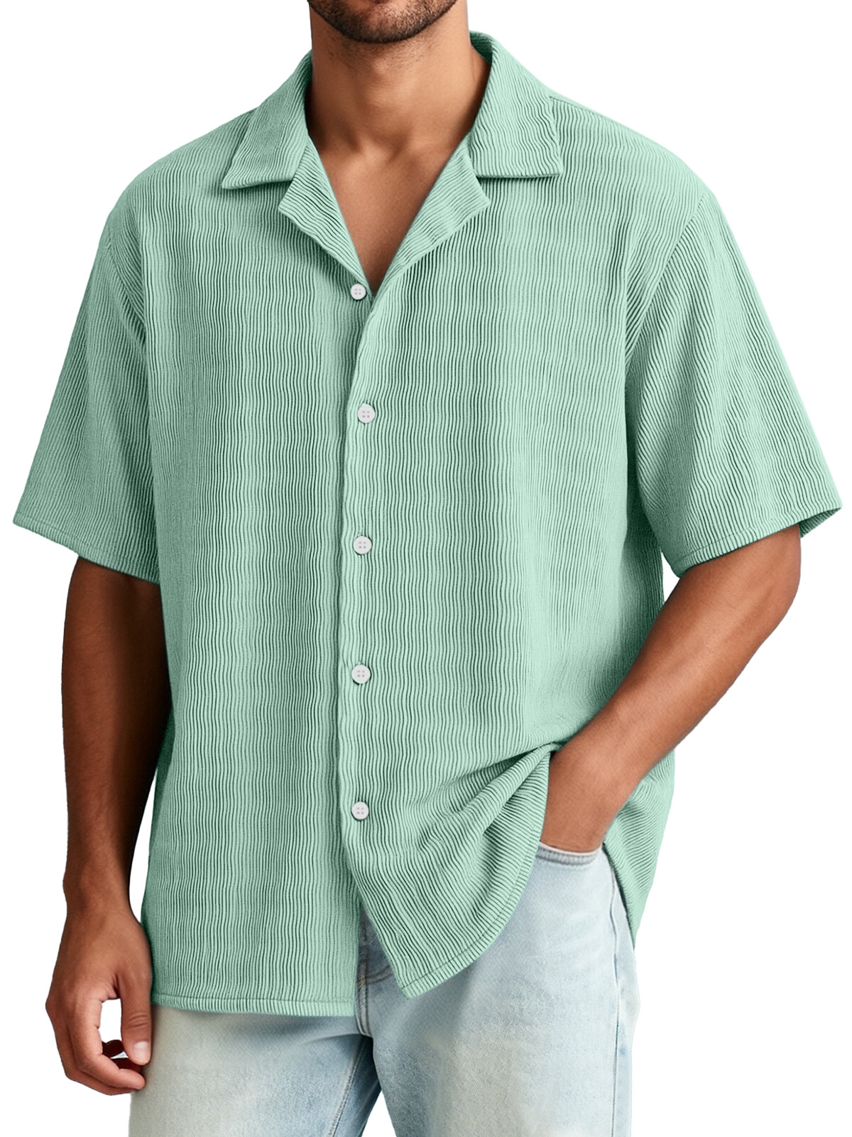 Men's Casual Vacation Breathable And Comfortable Vertical Striped Short-sleeved Shirt