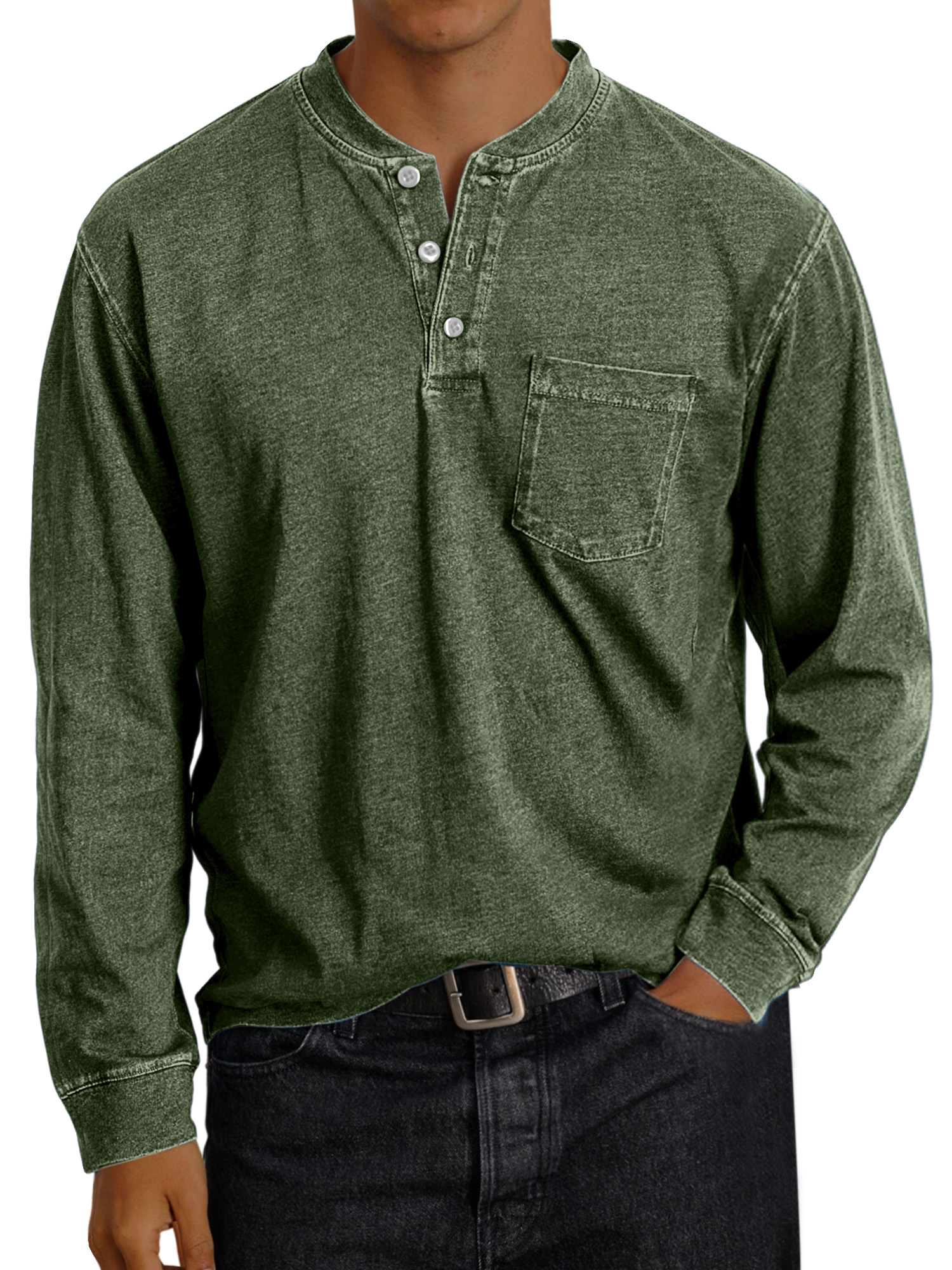 Men's Vintage Solid Color Pocket Button Henley Shirt