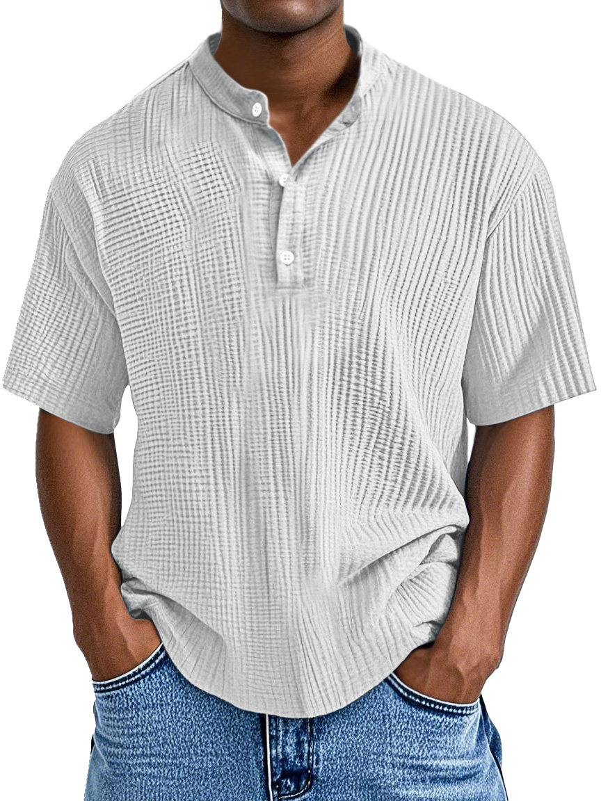 Men's Casual Solid Color Pleated Textured Short-sleeved Henley Shirt