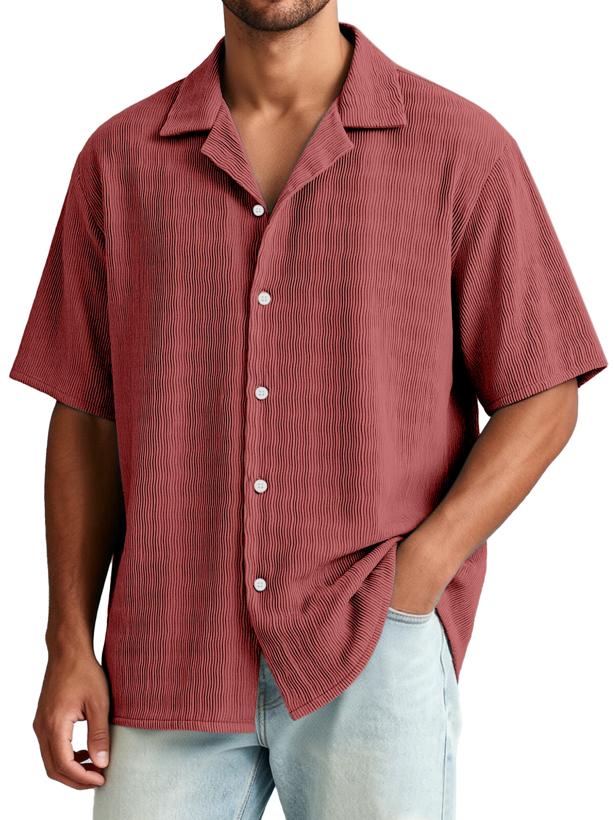 Men's Casual Vacation Breathable And Comfortable Vertical Striped Short-sleeved Shirt