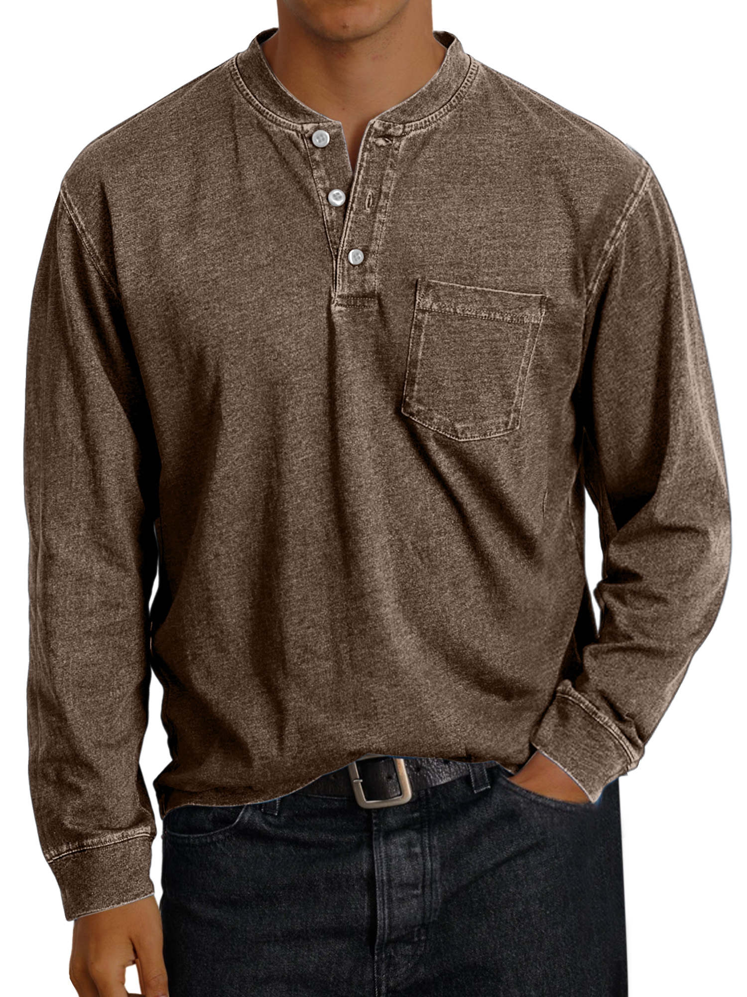 Men's Vintage Solid Color Pocket Button Henley Shirt