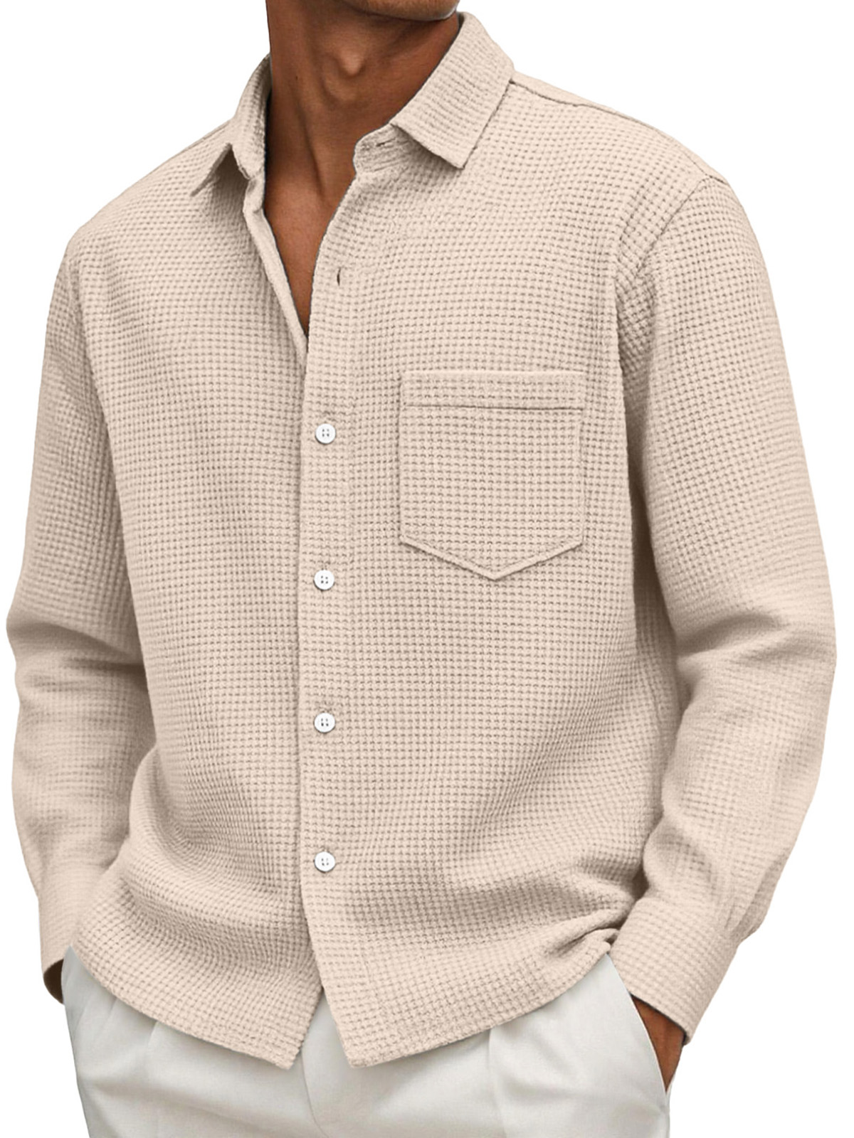Men's Casual Solid Color Waffle Long Sleeve Shirt With Pockets