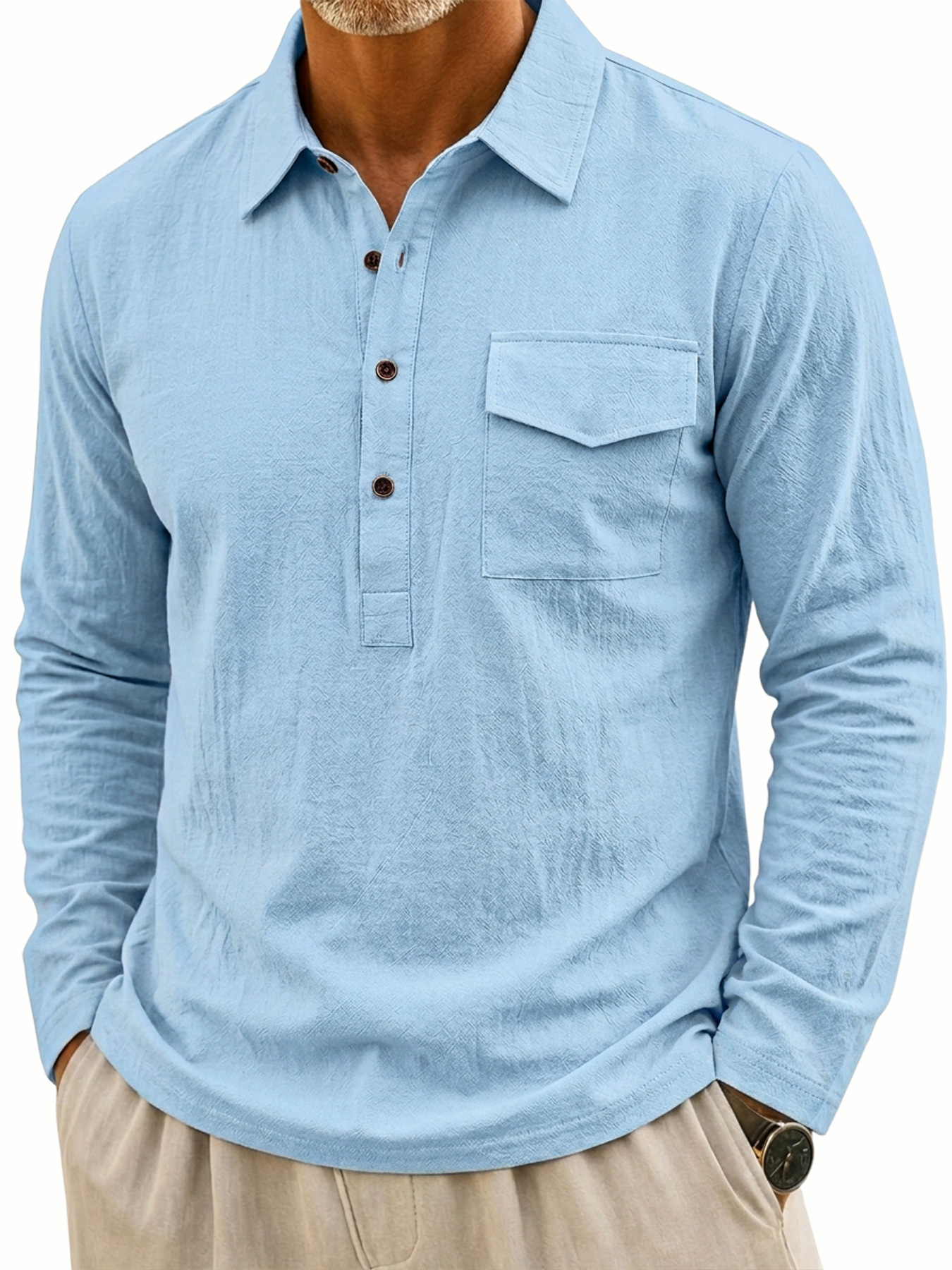 Men's Casual Long-Sleeve Linen Polo Shirt with Flap Pockets