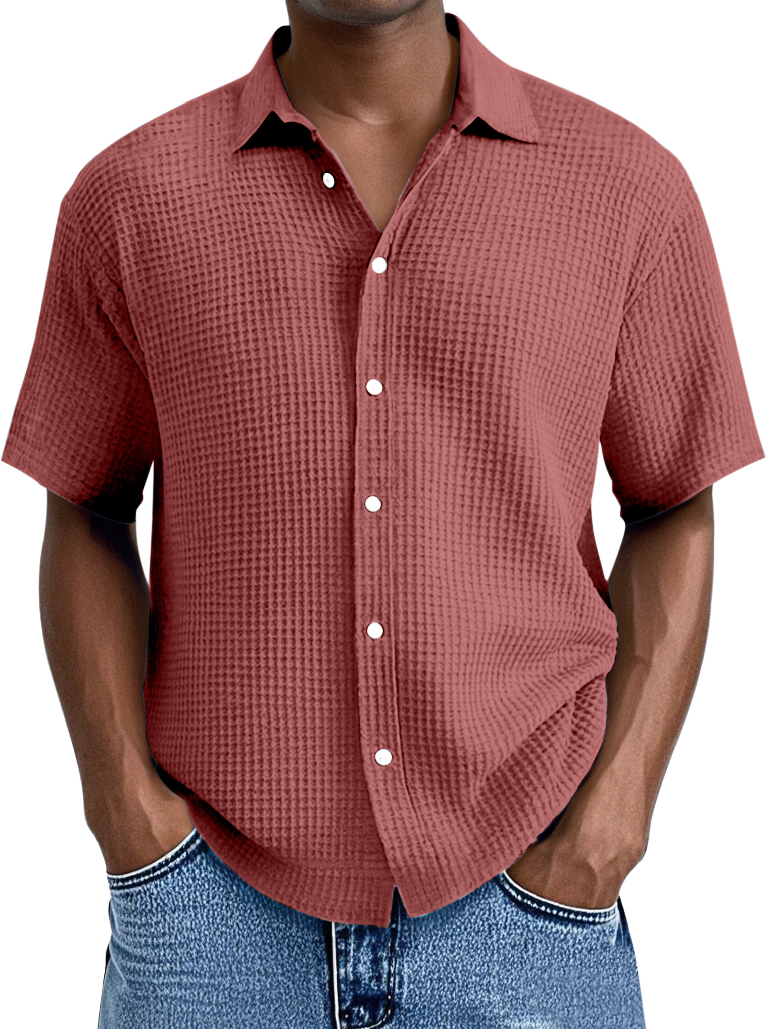 Men's Everyday Loose Waffle Textured Lapel Button-down Short Sleeve Shirt