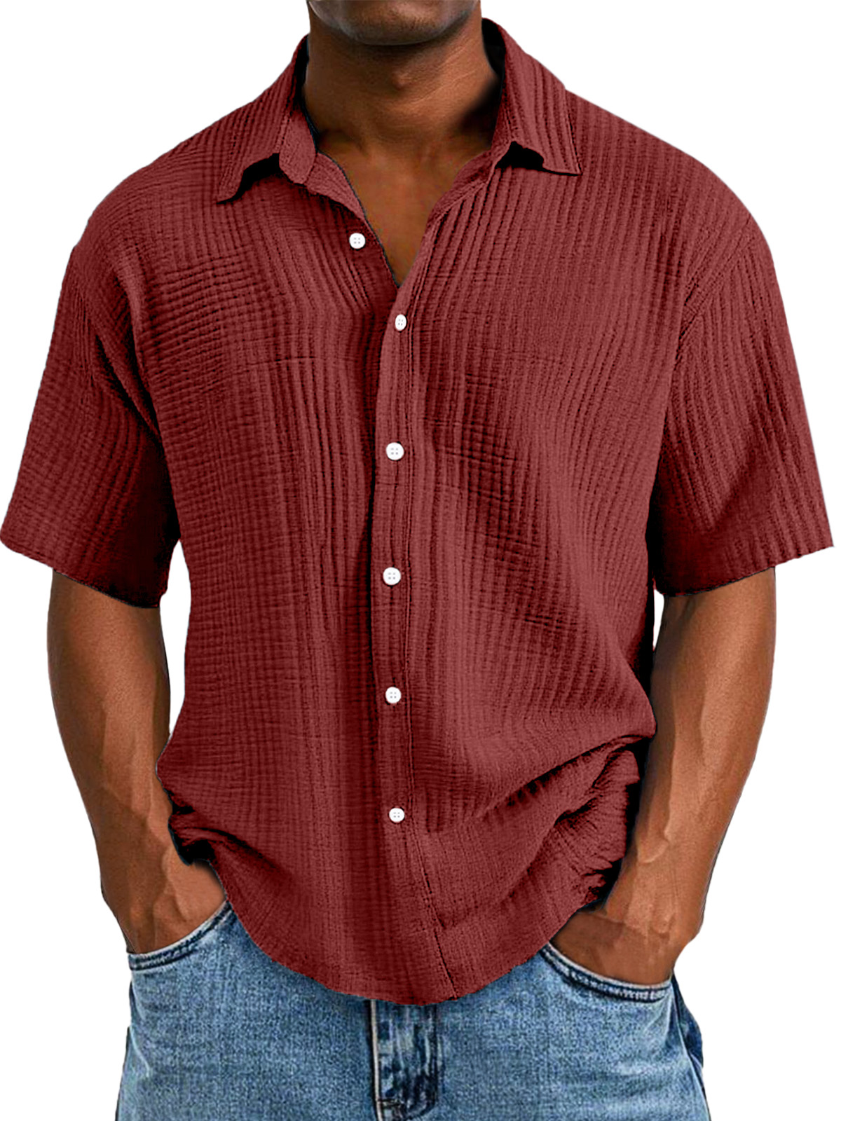 Men's Casual Loose And Comfortable Textured Short-sleeved Shirt