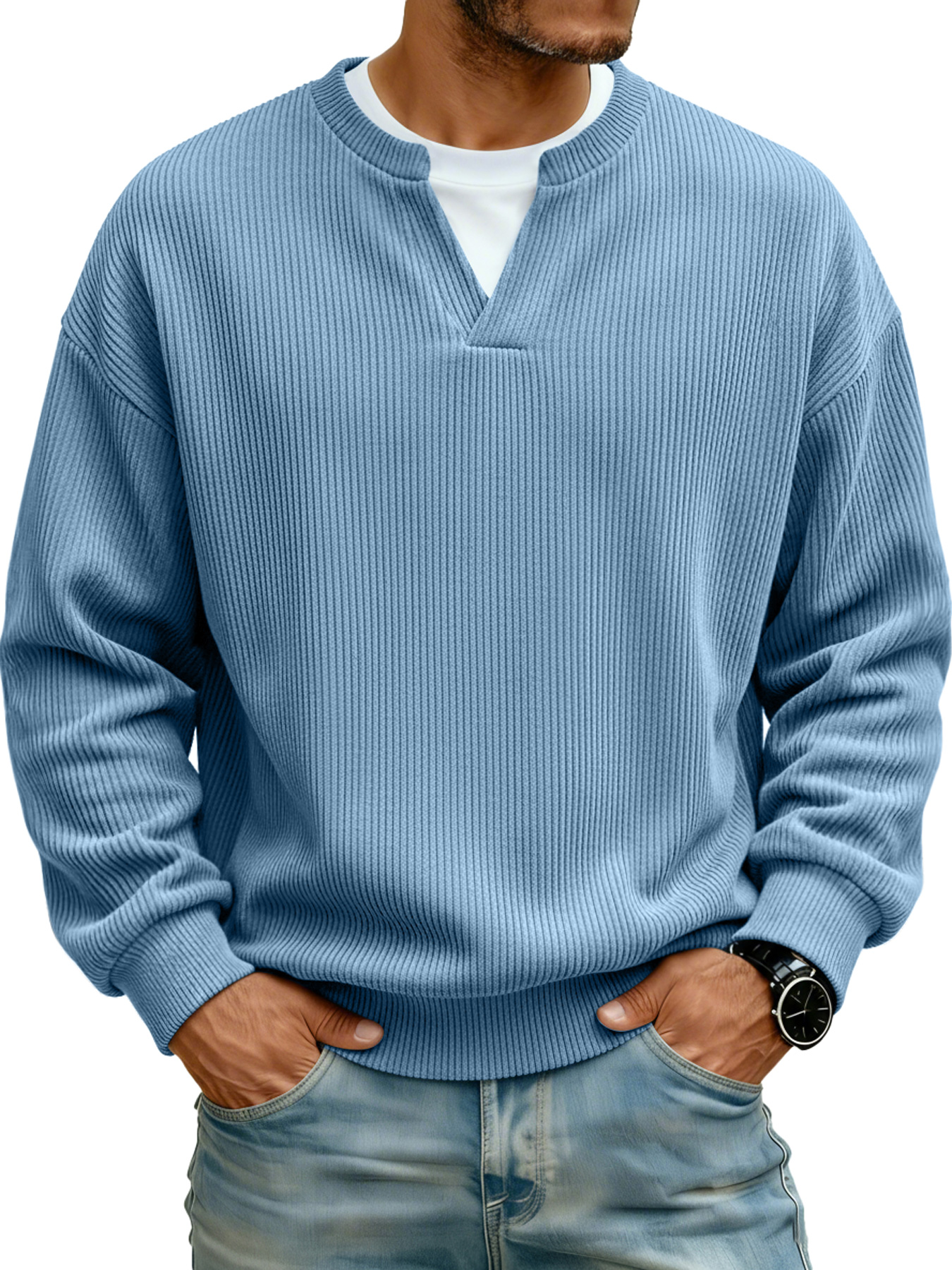Men's Ribbed V-neck Faux Two-Piece Casual Long-Sleeve T-Shirt