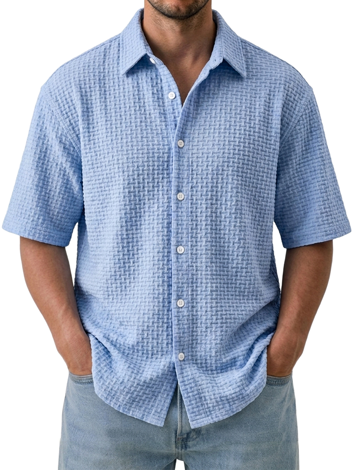Men's Casual Comfortable Jacquard Textured Ice Silk Short Sleeve Shirt
