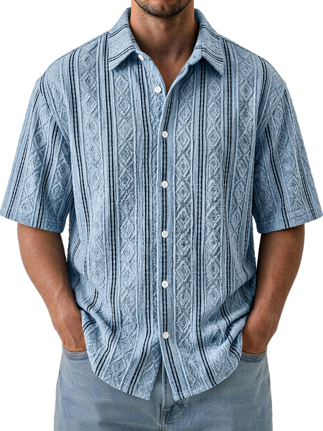 Men's Casual Textured Breathable Collared Short-Sleeve Shirt