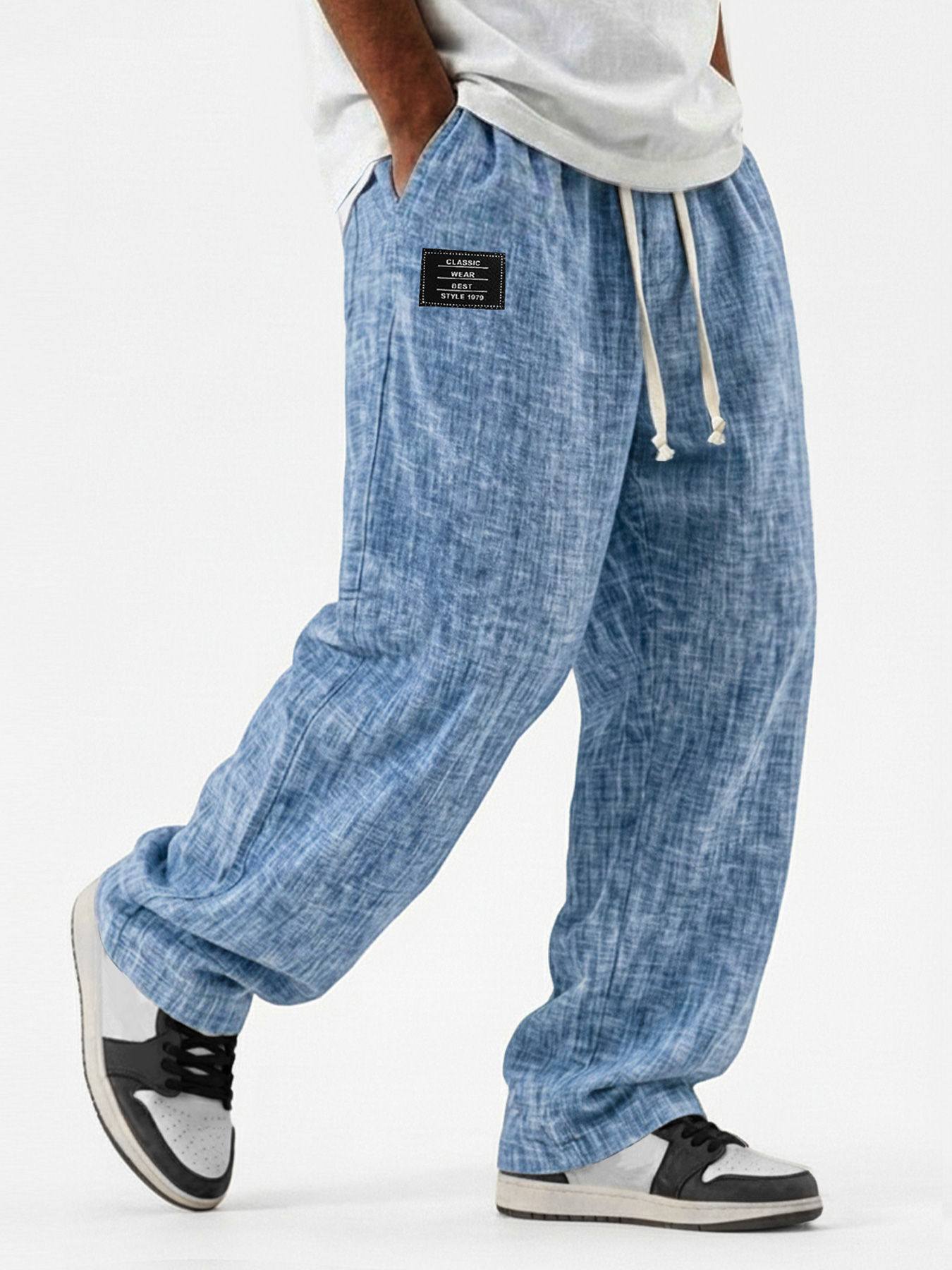 Men's Casual, Breathable Cotton-Linen Loose-Fit Trousers with Embroidered Logo