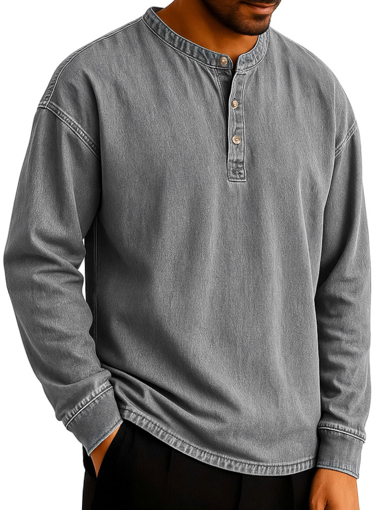 Men's Stylish Retro Distressed Long-sleeved Multicolor Henley Shirt