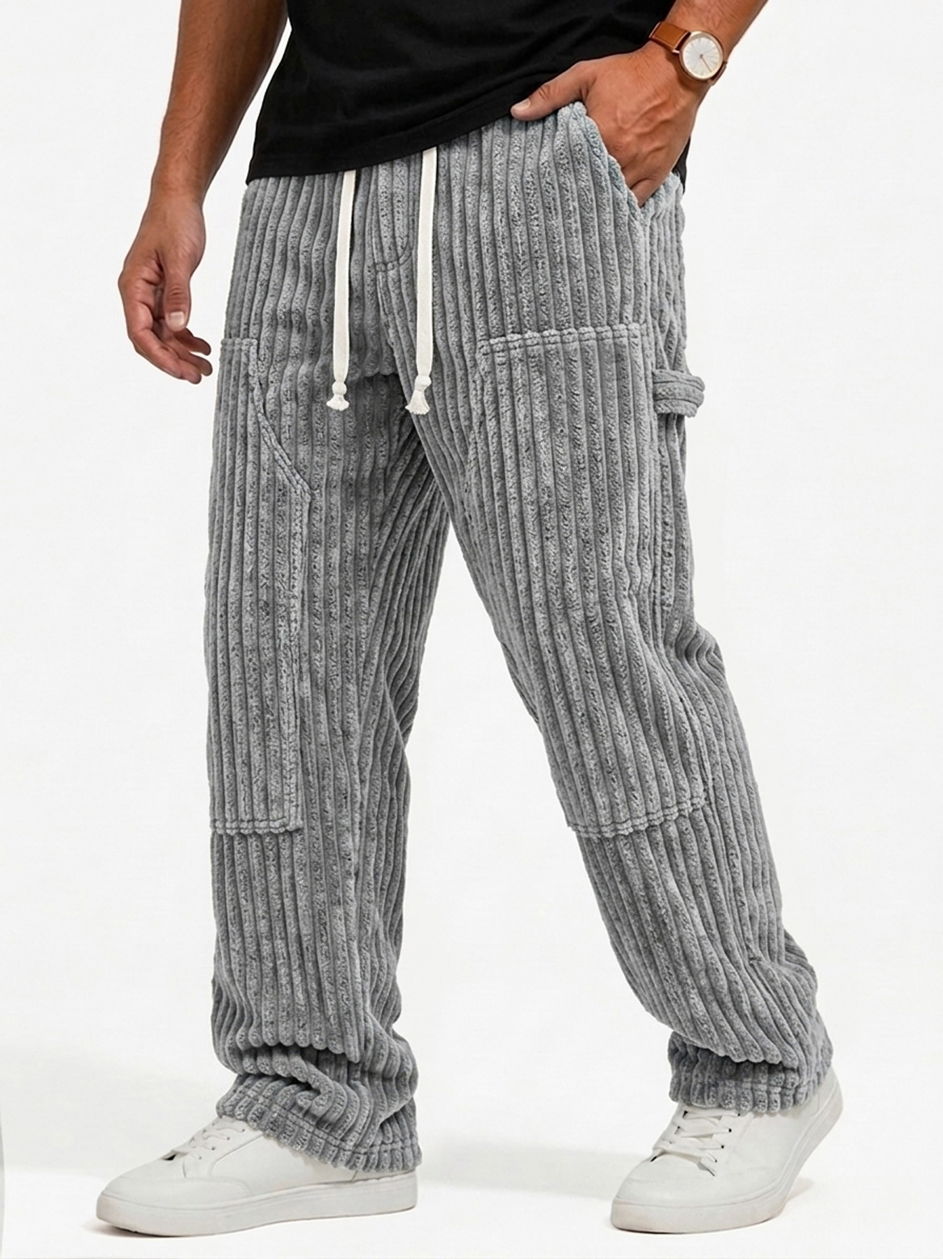 Men's Retro Corduroy Casual Cargo Pants with Multi-Pocket Patchwork Design