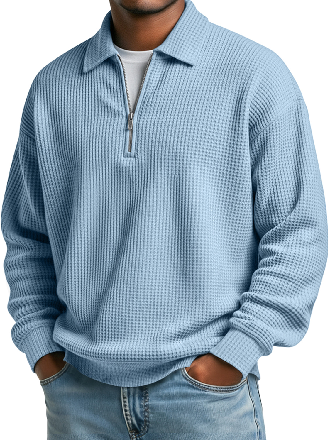 Simple Waffle Lapel Zipper Casual Solid Color Polo Shirt