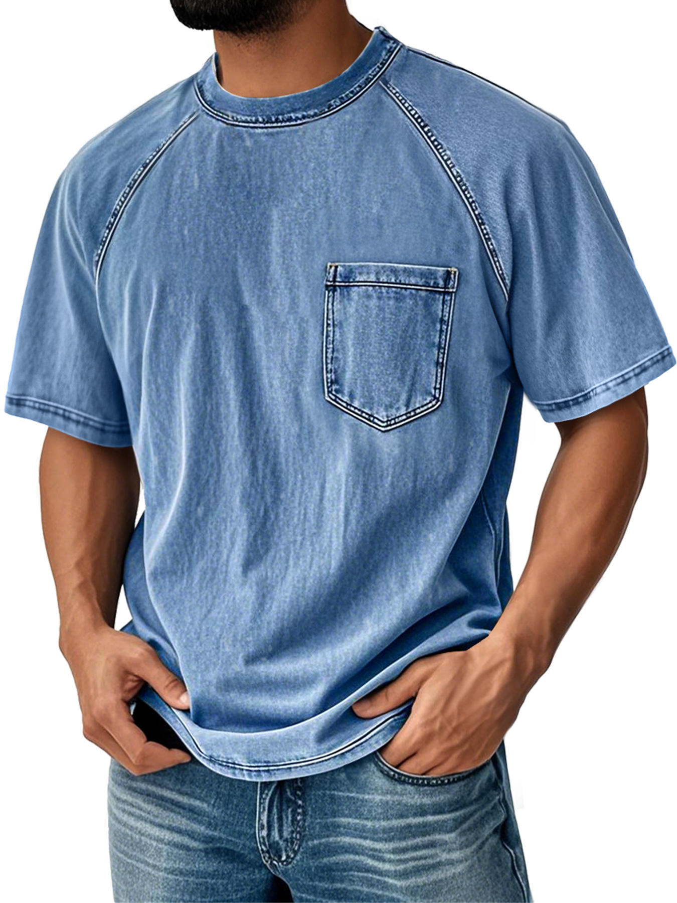 Men's Retro Round Neck Raglan Sleeve Casual Pocket Short Sleeve T-Shirt